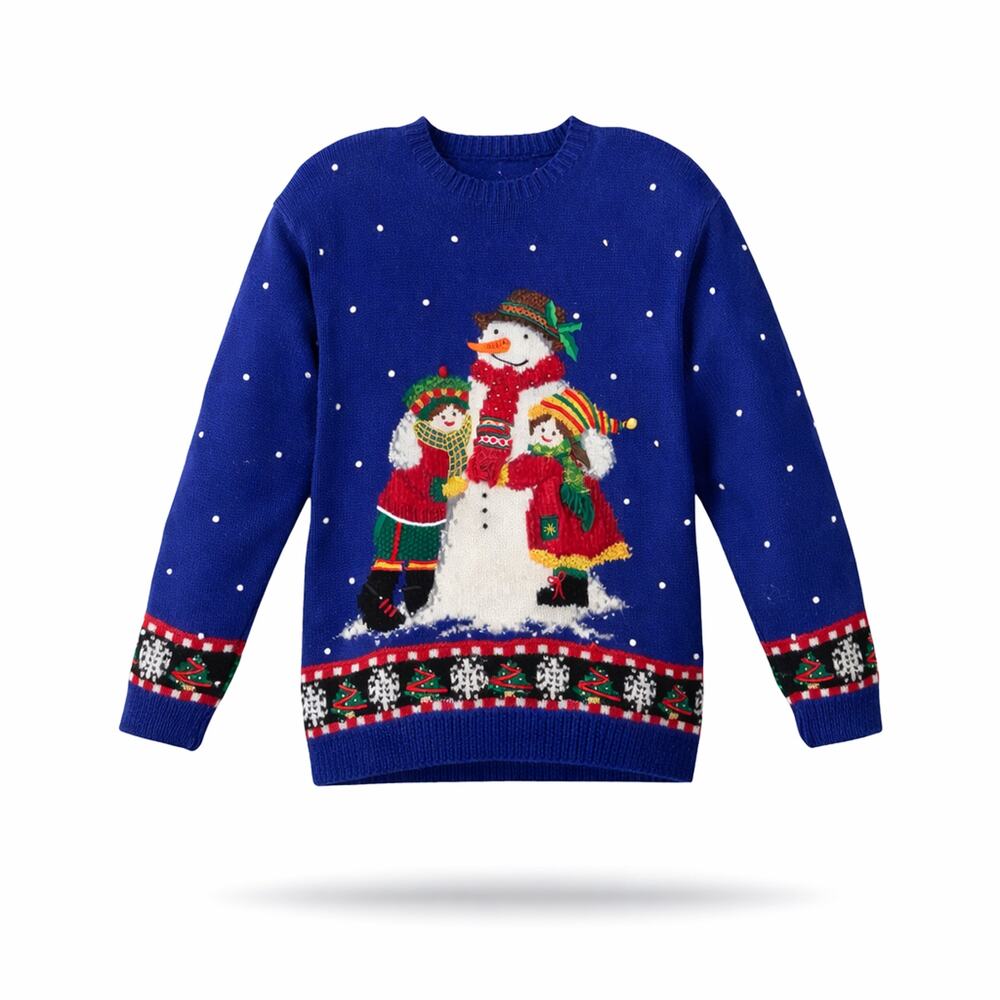 Vintage Mary Engelbreit Snowman Christmas Sweater M Blue Beaded‎ Knit Holiday